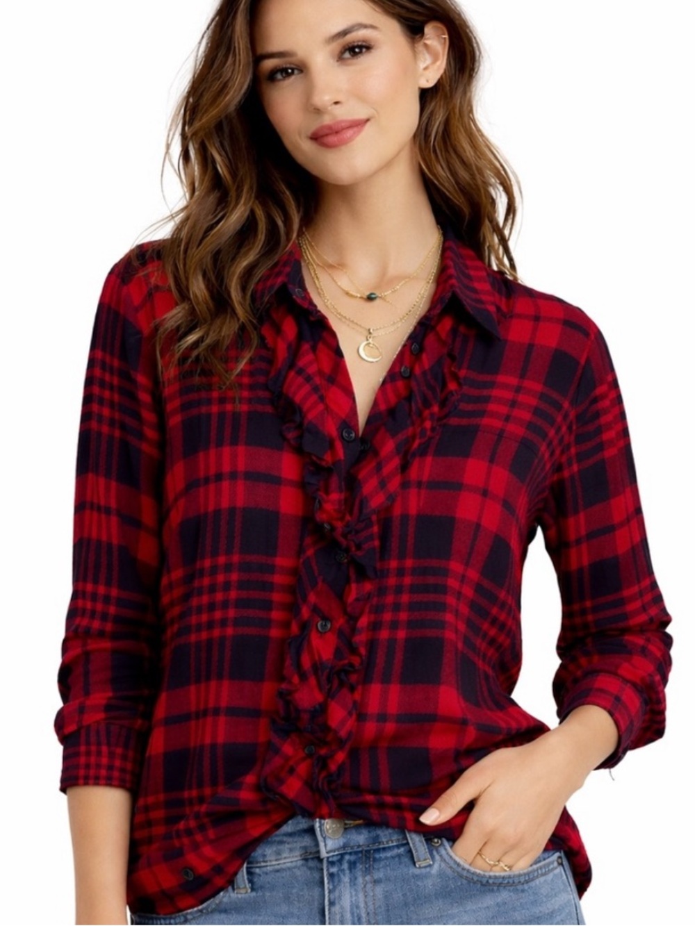 CAbi Red and Black Plaid Button-Down Shirt Small